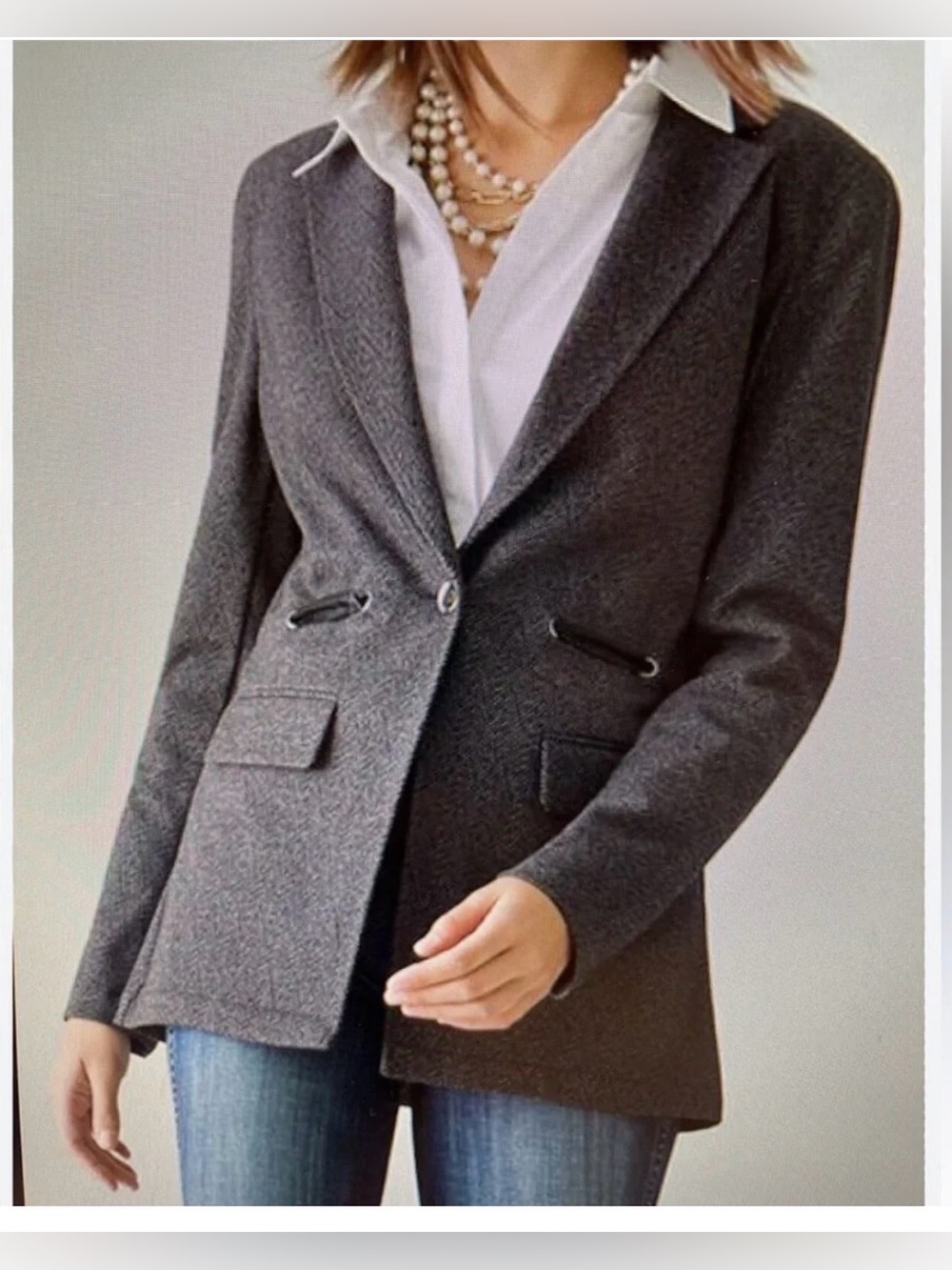 White House Black Market Charcoal Gray Herringbone One-Button Blazer Jacket